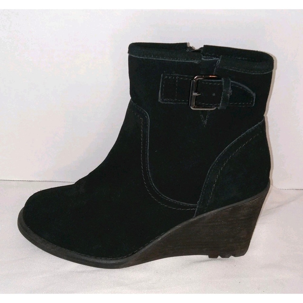 Toms Wedge Ankle Boots Women Size 8 Black Suede Buckle Zip Up TRACE Booties